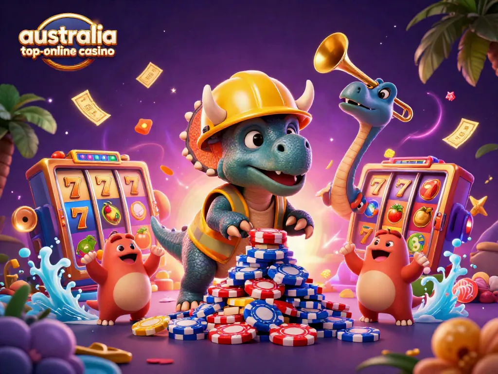 Experience lively gameplay at australia top online casino with slot machines, colorful casino elements, and cartoon dinosaurs.