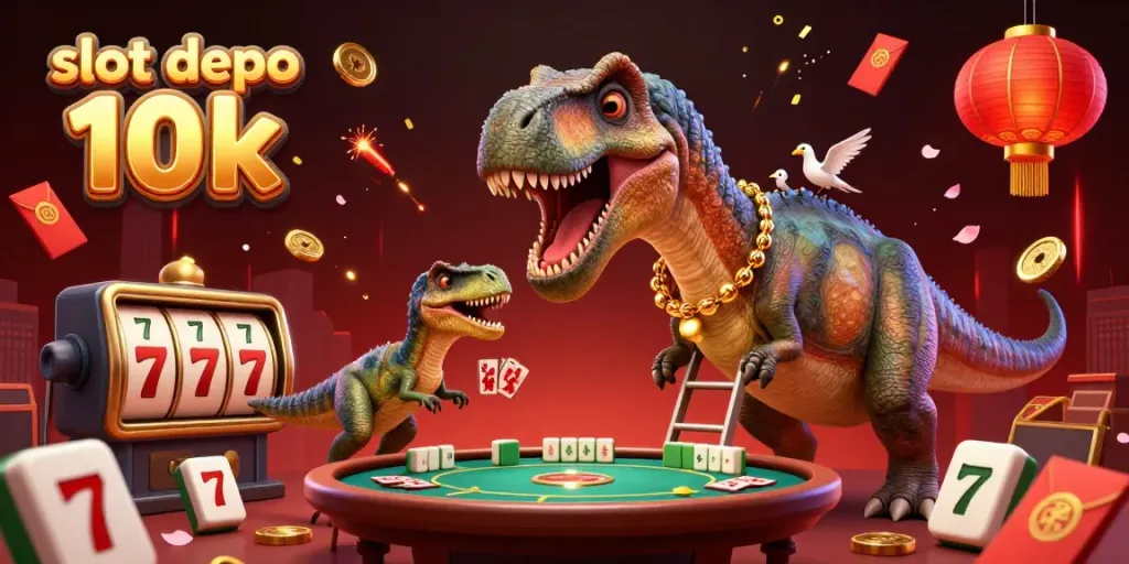 Experience the excitement of slot depo 10k as a giant brontosaurus peers into a bustling casino scene.