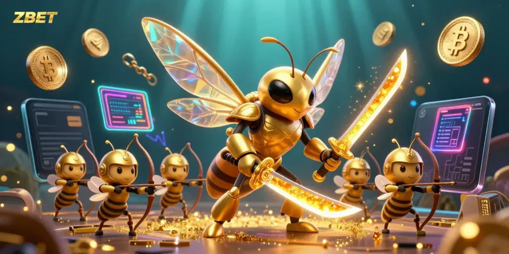 Engage with ZBET in a vibrant casino world featuring dynamic gaming elements and a unique character design.