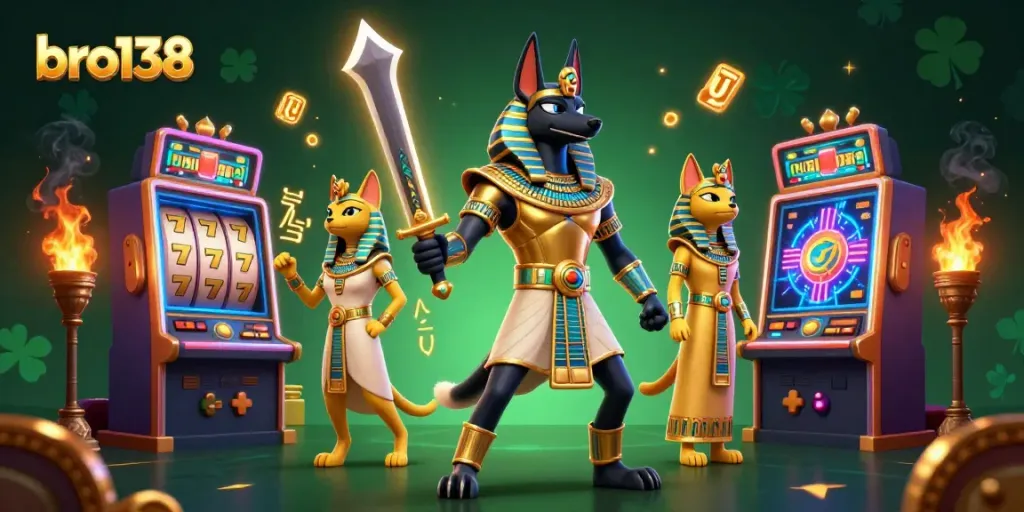 Spin the reels at bro138 and win big with Anubis and Bastet amidst vibrant arcade action.