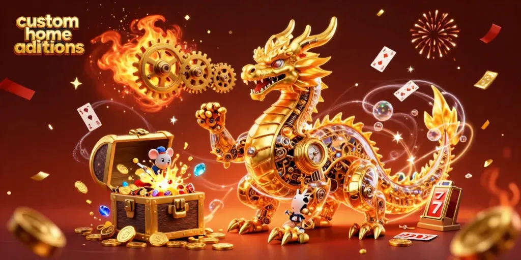 Discover custom home additions in a vibrant 3D casino scene with a dragon, jewels, and slot machines.