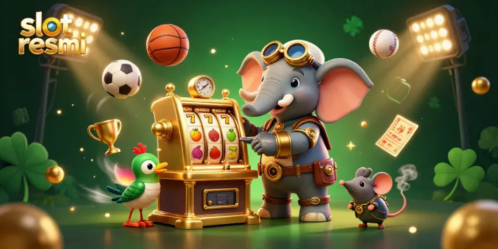 Spin the golden slot machine with the steampunk elephant and dynamic sports elements in a vibrant casino scene featuring slot resmi.