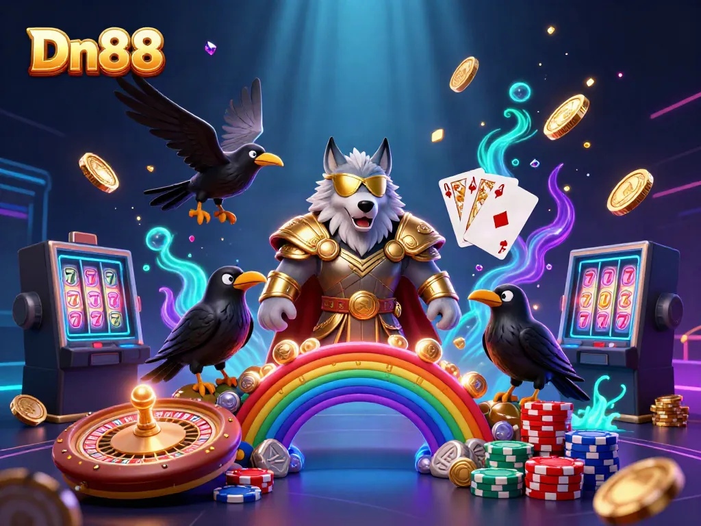 Experience excitement with Dn88, showcasing Norse mythology-inspired characters surrounded by casino treasures.