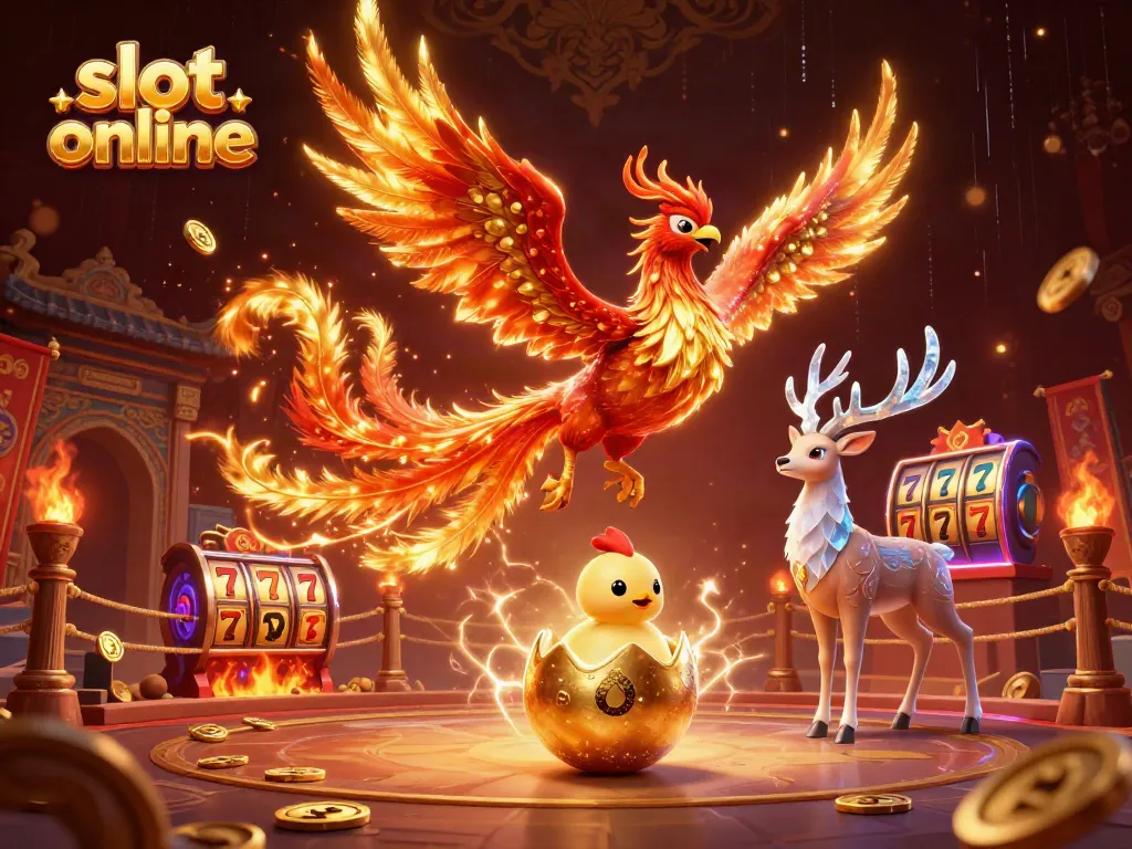 Experience the excitement of slot online with a fiery phoenix and magical stag in a dynamic casino setting.