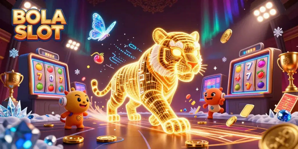 Experience BOLA SLOT with a neon-wireframe tiger in a digital casino, showcasing thrilling gameplay elements.