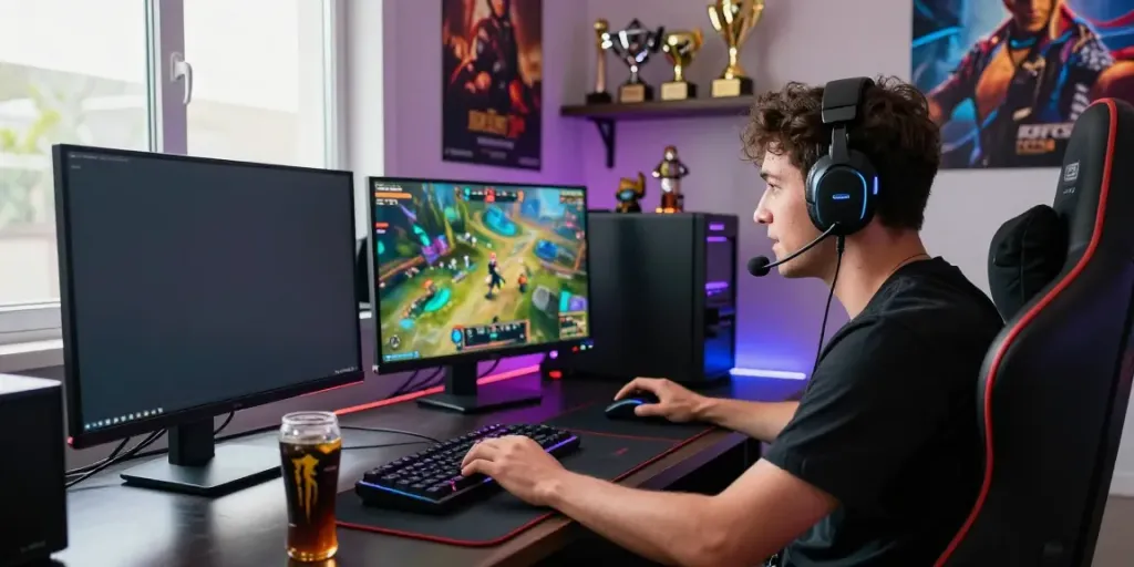 Gamer enjoying a competitive game online at a stylish desk with gaming gear, showcasing an engaging atmosphere.
