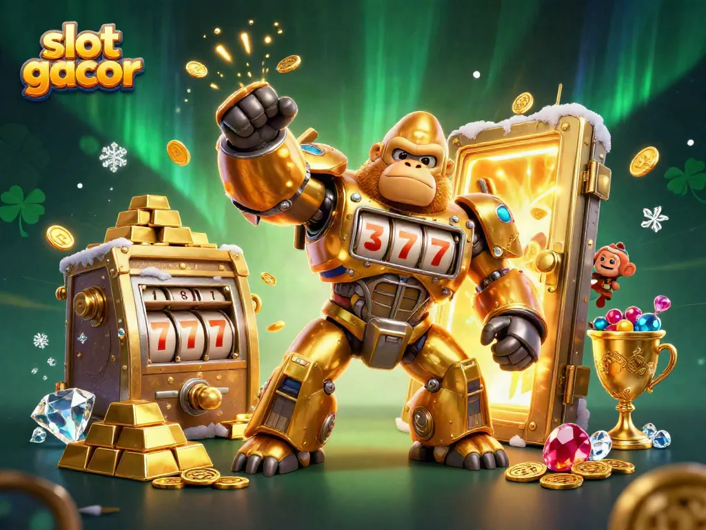 Engage with slot gacor as a golden gorilla mech unleashes jackpots in a vibrant casino world.