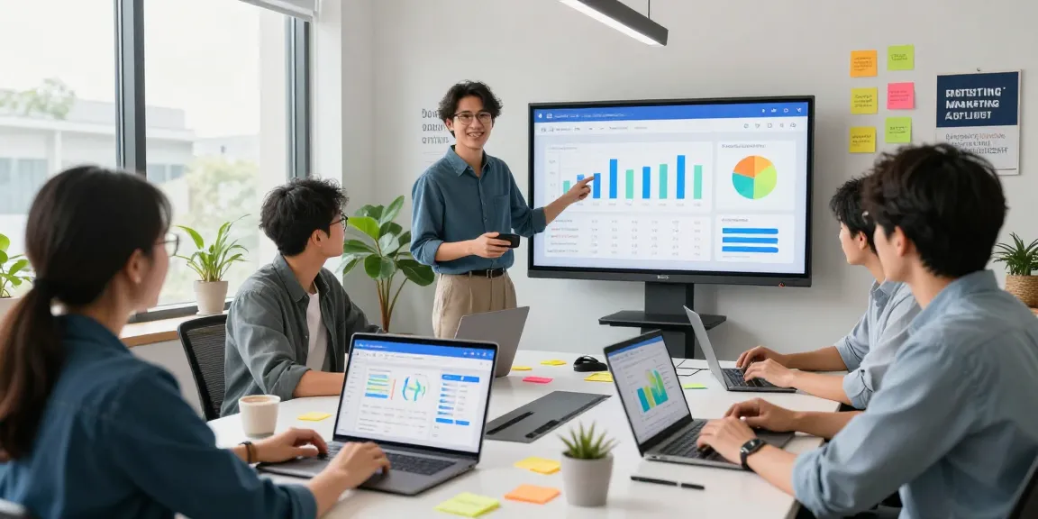 Purchase app installs through expert app marketing team collaborating in a vibrant workspace.