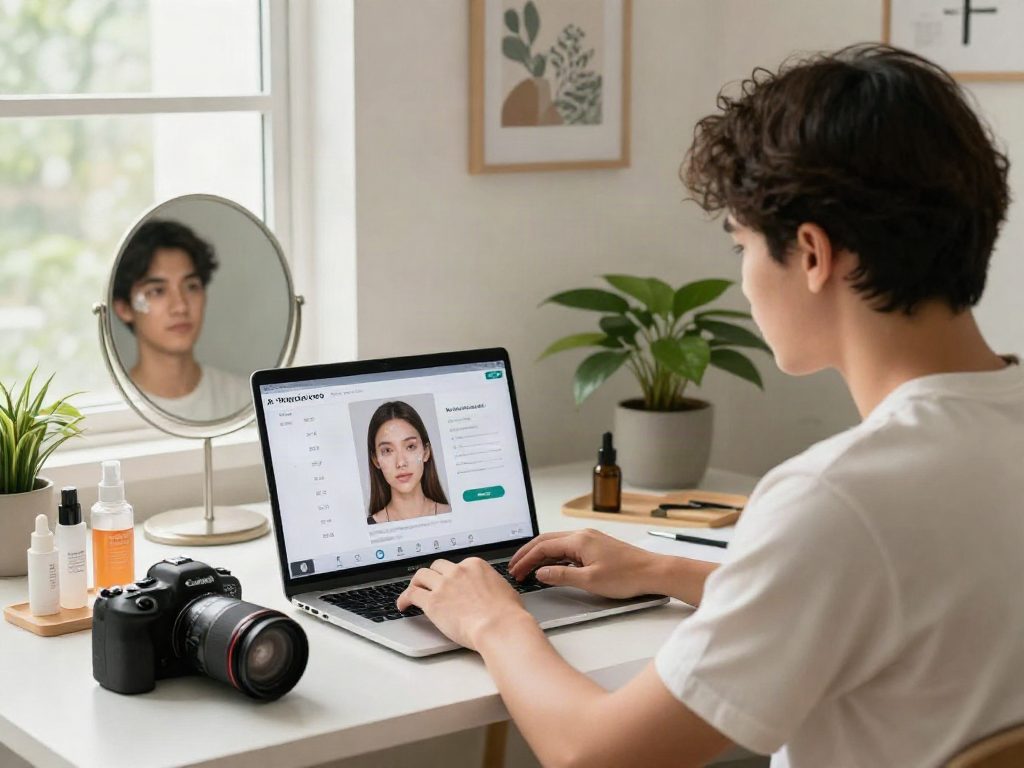 Person engaged in an attractive test using AI analysis on a laptop, surrounded by self-care products in a bright workspace.
