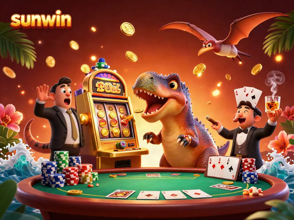 sunwin's animated pachycephalosaurus celebrates jackpot wins as coins fly, promoting excitement in gaming