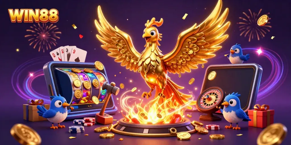 Experience the thrill of WIN88 with a majestic phoenix symbolizing fortune and casino excitement.