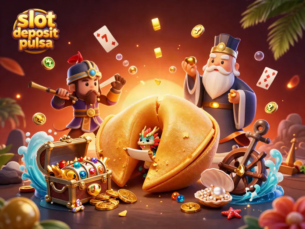Engage in thrilling gameplay with slot deposit pulsa featuring a golden fortune cookie and dynamic casino elements.