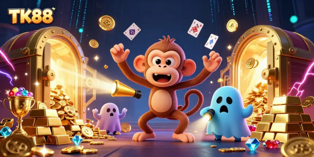 Engage in thrilling casino adventures with TK88 featuring a mischievous poltergeist monkey and ghost-hunter puppy.