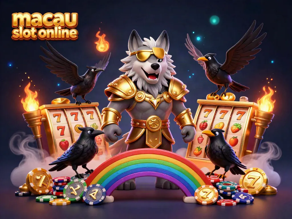 Bermain macau slot online dengan Odin, gagak, dan elemen slot yang berkilau.