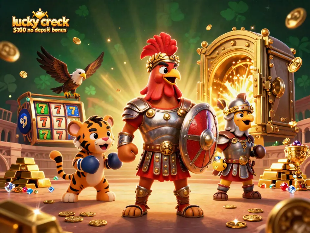 Claim the lucky creek $100 no deposit bonus with dynamic slots and gold treasures around a rooster warrior