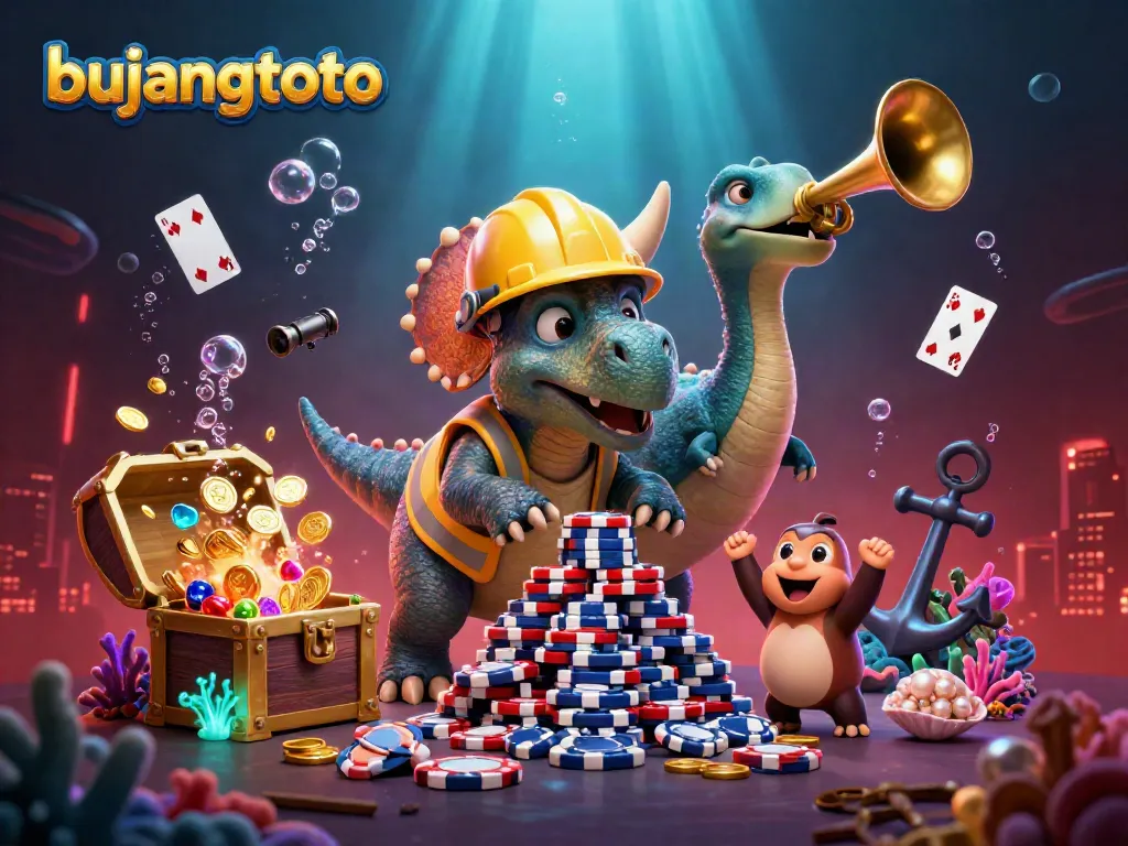 Engaging illustration of bujangtoto with cartoon dinosaurs celebrating game wins surrounded by treasures and casino elements.