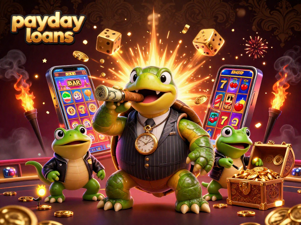 Experience payday loans excitement with a vibrant 3D scene featuring a mobster turtle and lively frogs.