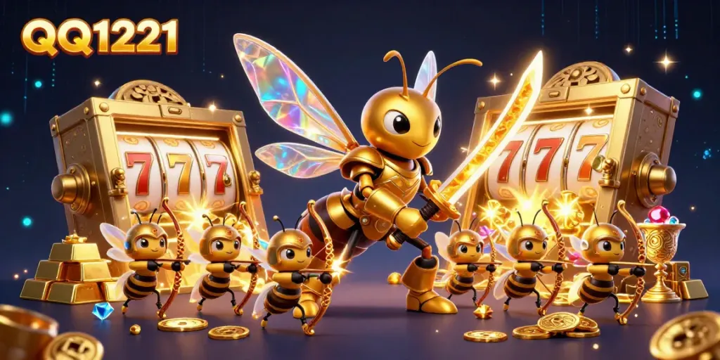 QQ1221 unleashes its excitement with a dynamic scene of a golden hornet and bee archers surrounded by treasures.
