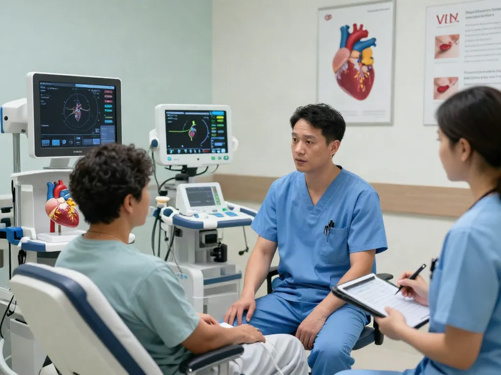 Heart transplant specialists consulting with a patient in a modern cardiac care unit.