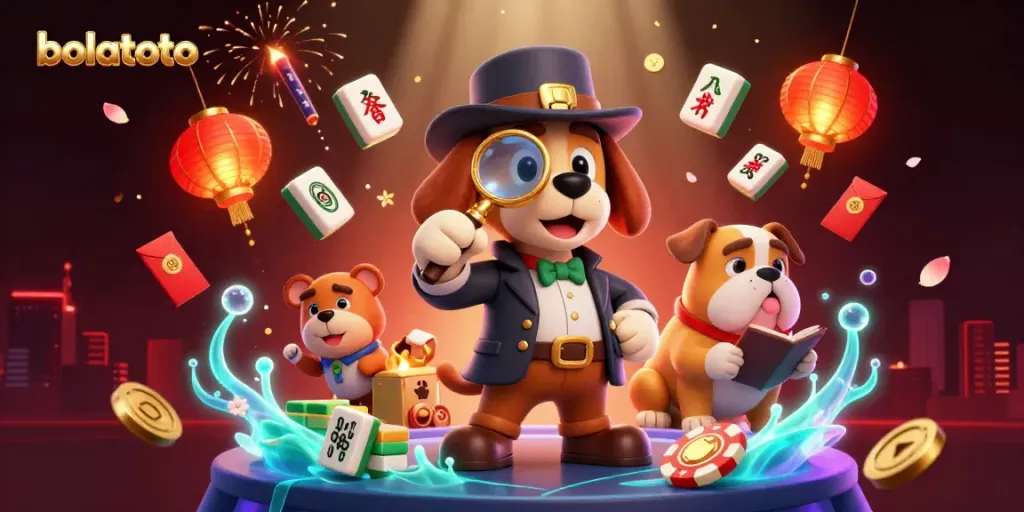 Bolatoto analysis with a detective bloodhound revealing poker strategies amid vibrant gambling elements.