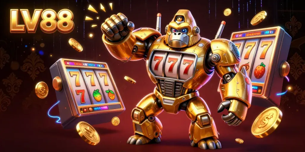 Experience excitement at LV88 with a thrilling golden gorilla mech slot machine ready to win!