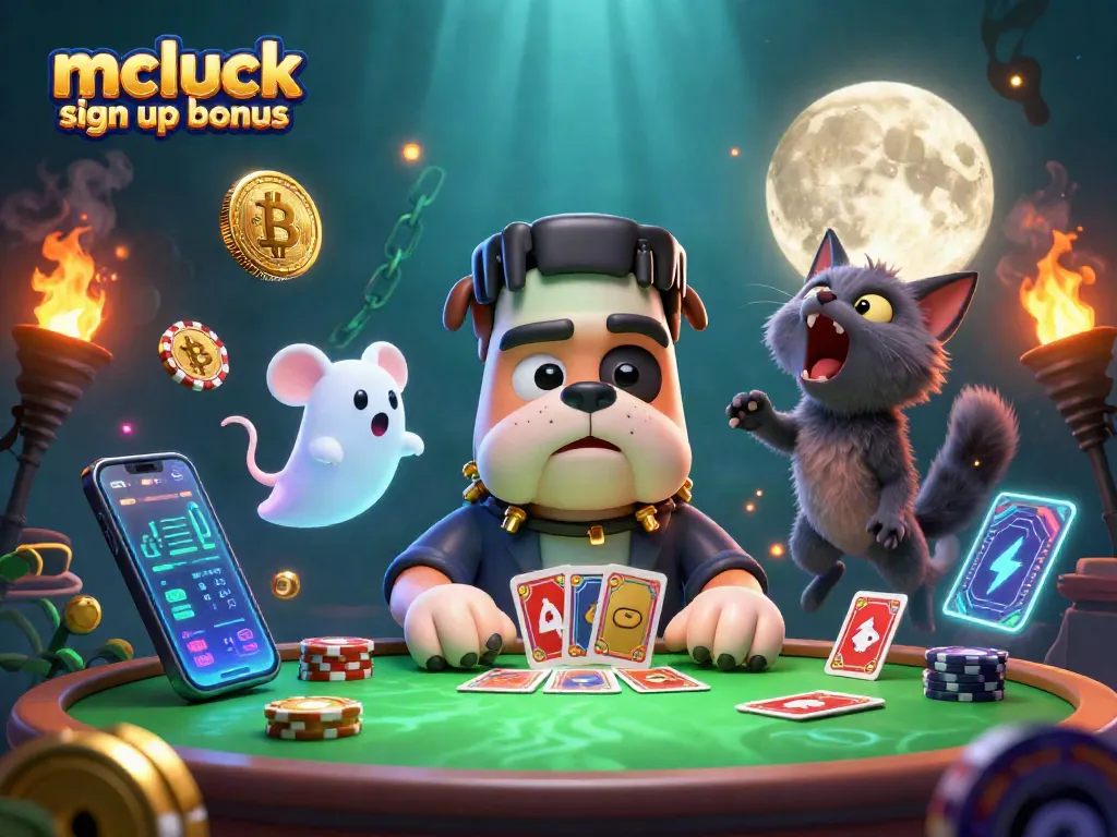 Claim the mcluck sign up bonus with exciting cards dealt by a quirky bulldog, featuring vibrant casino elements.