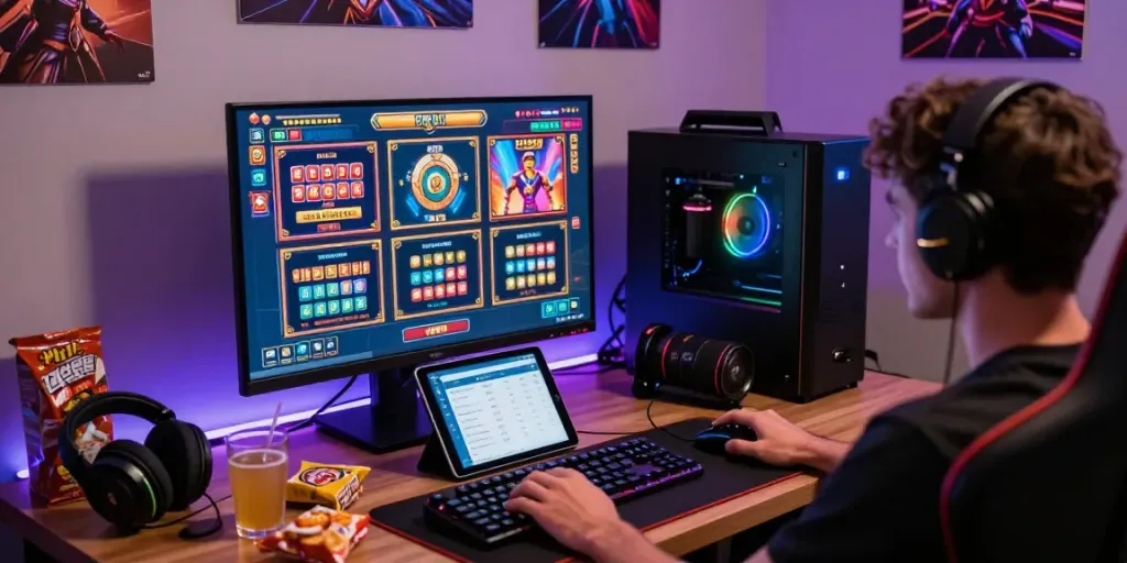 Engaged player enjoying online gaming at home, featuring proplay88 slot games and immersive setup.