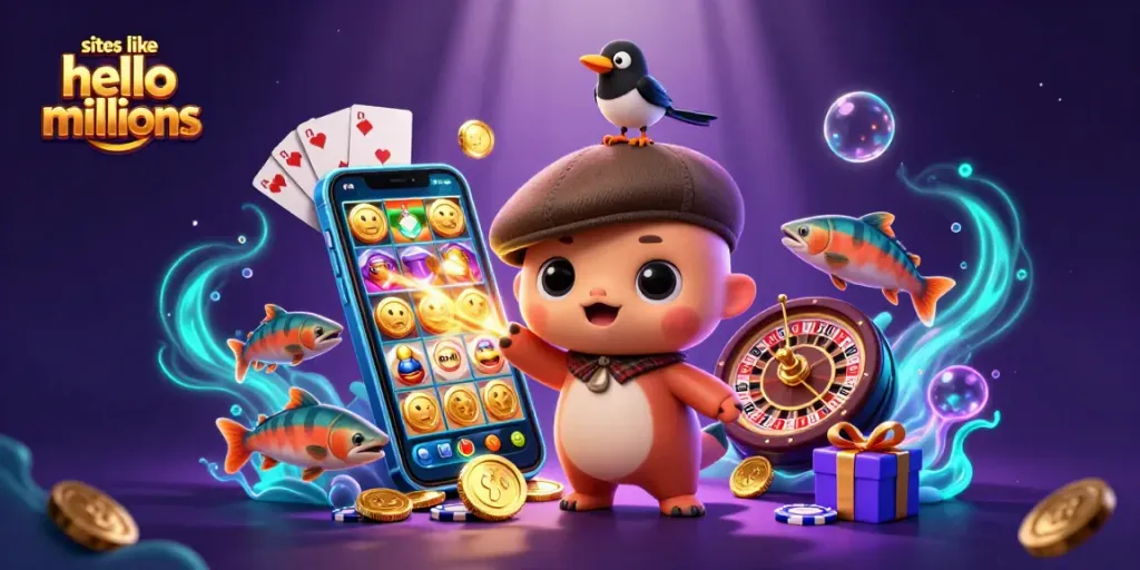 Experience sites like hello millions with vibrant slot games and animated characters in a playful casino setting.