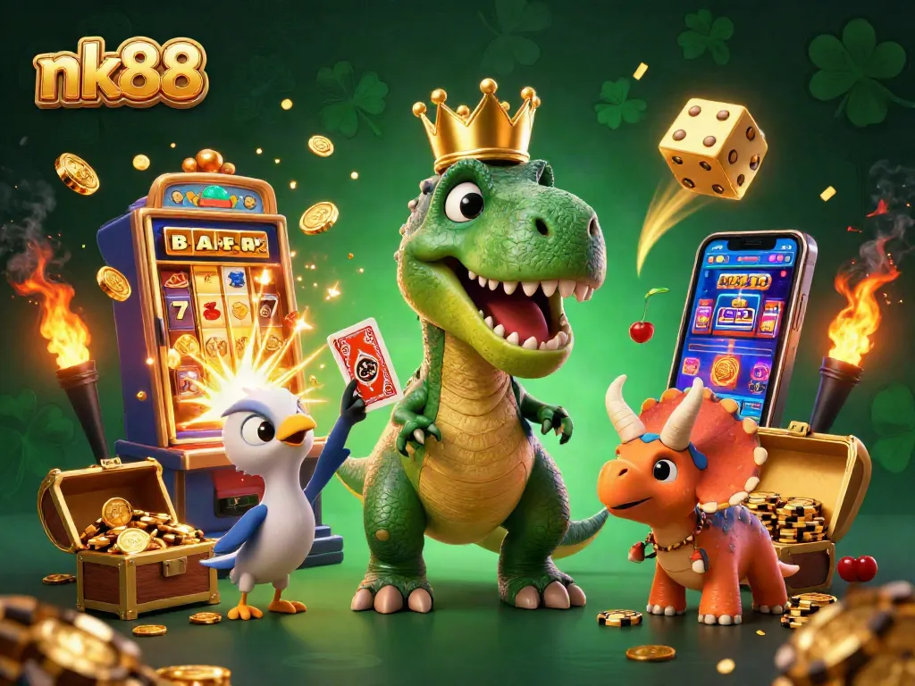 Shuffling cards and stacking chips in the dynamic nk88 casino scene filled with slots and excitement.