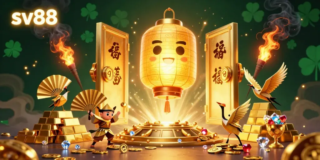 Experience the vibrant world of sv88 with golden treasures and lucky symbols illuminating the online casino.
