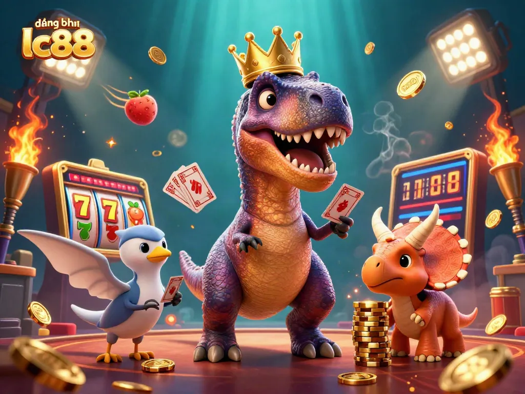 Engage with đăng ký lc88 as a friendly T-Rex shuffles cards while a pterodactyl assists in a vibrant casino scene.