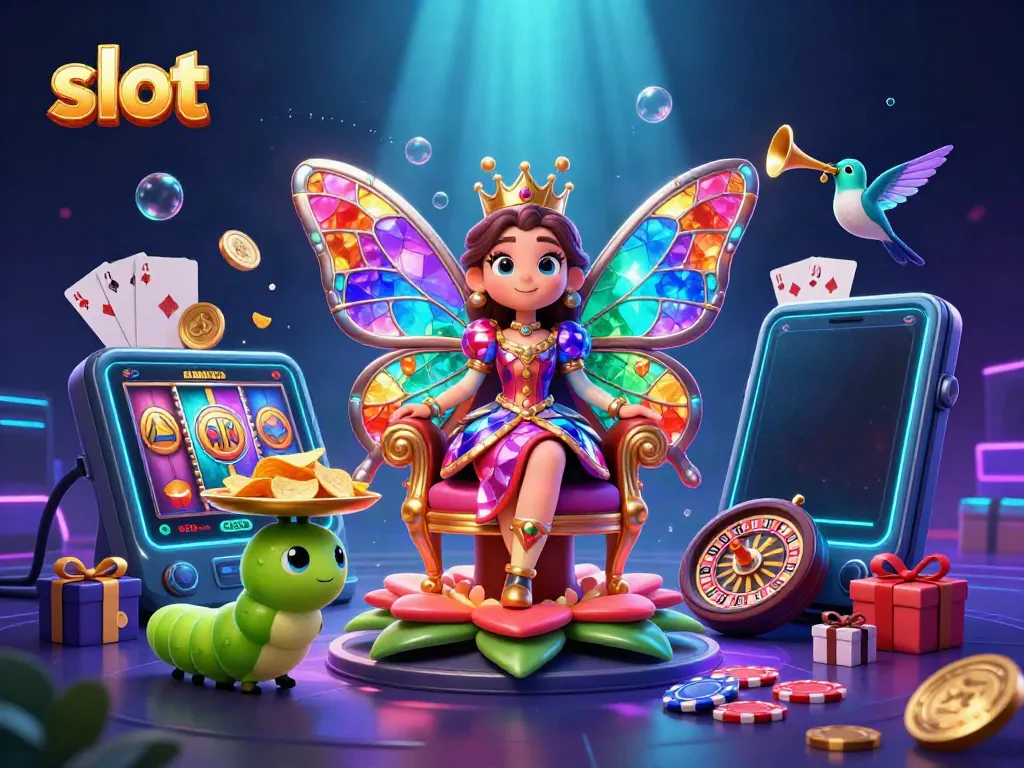 Menang di slot dengan ratu kupu-kupu, mesin slot dan koin emas mengelilingi kemenangannya.
