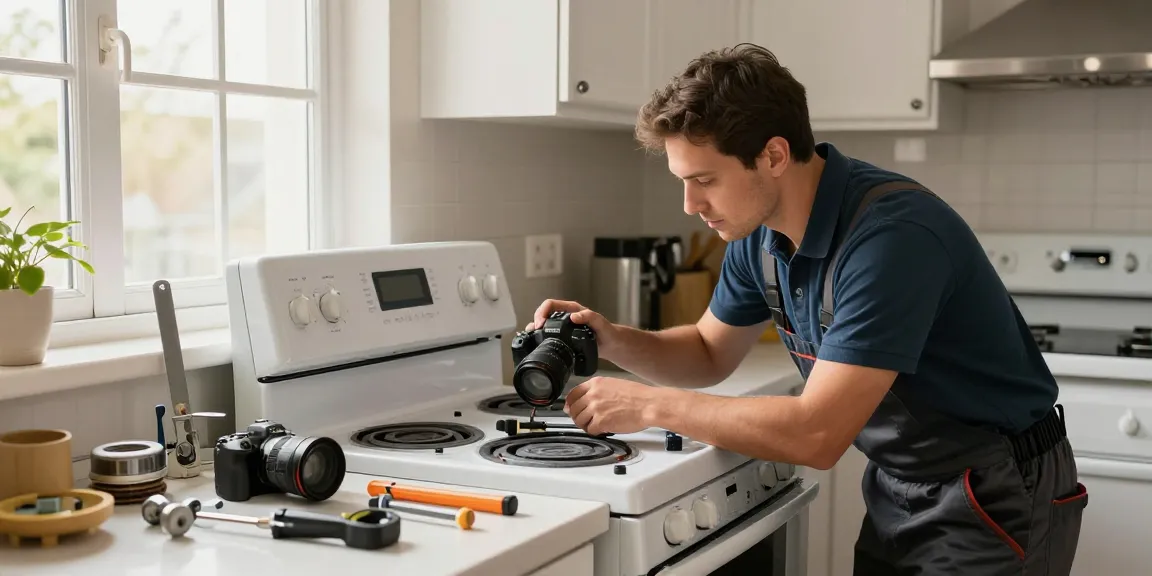 Electric stove repair scene with technician diagnosing controls and tools in modern kitchen.