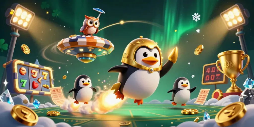 Betya inspires excitement as a golden penguin zooms to a casino space station, symbolizing adventure.