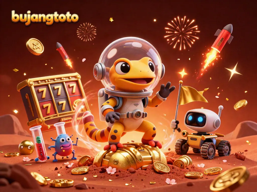 Engage with bujangtoto's golden casino adventure featuring a Martian gecko and vibrant gaming elements.