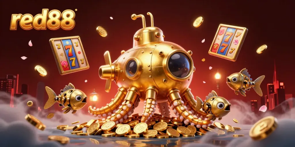 Experience the excitement of red88 with a dynamic 3D illustration featuring a golden kraken submarine amidst slot elements.