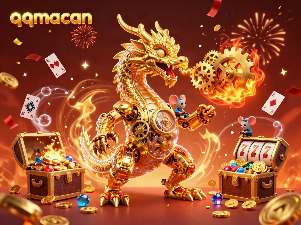 Engage in thrilling online gaming at QQMacan featuring a stunning golden dragon and vibrant casino elements.