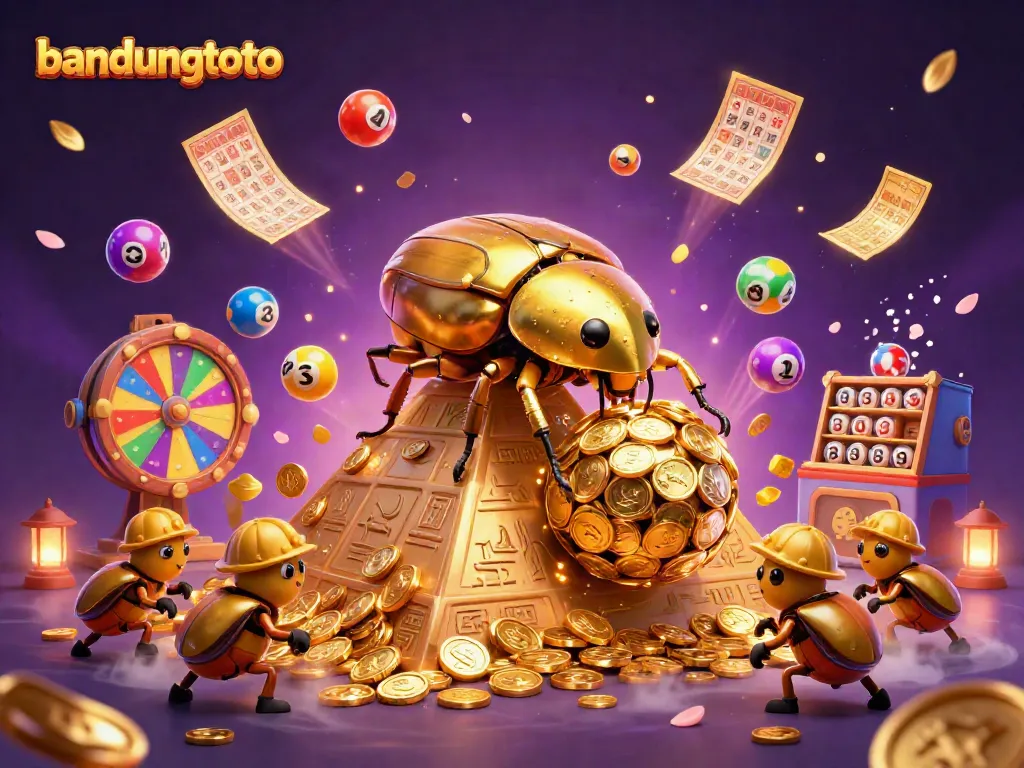 Experience the excitement of bandungtoto with colorful lottery balls and a golden dung beetle in action.