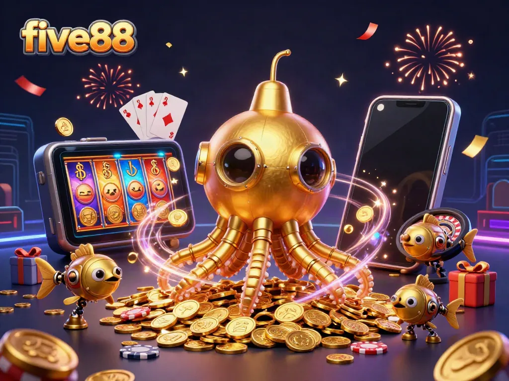 Engage with five88's thrilling world featuring a kraken submarine amidst golden coins and exciting slot games.