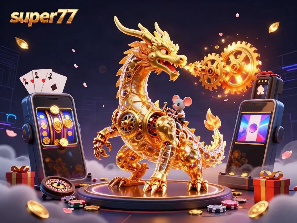 Experience slot excitement with super77 in a dynamic scene featuring a dragon and gaming elements.