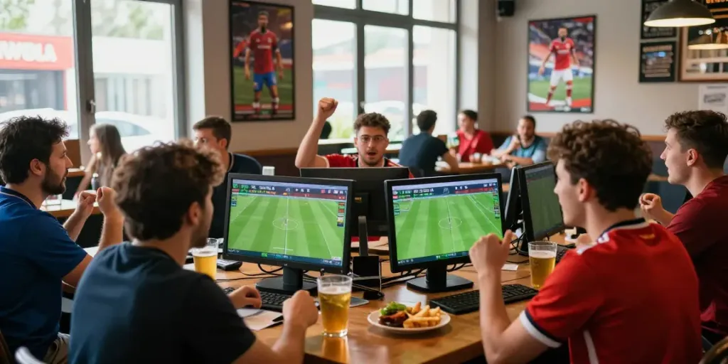 Fans excitedly engaging with sports betting on WWBOLA in lively sports bar.