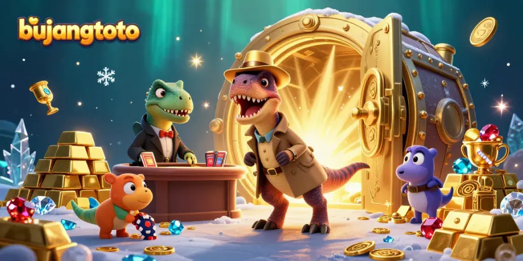 Experience thrilling gameplay at bujangtoto with a velociraptor at the blackjack table, surrounded by treasures.