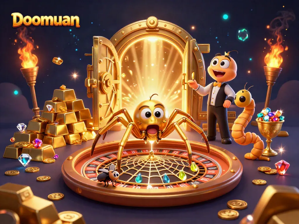 Doomuan's engaging casino scene showcases a golden spider and centipede croupier amid wealth and roulette