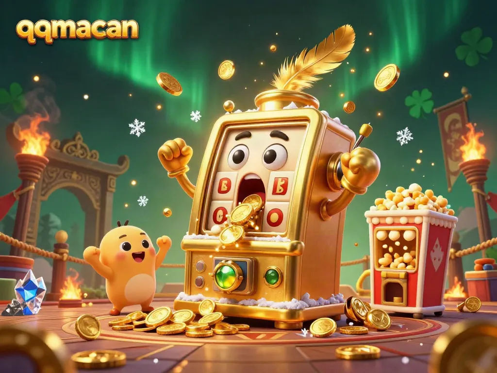 Experience the thrilling jackpot excitement with qqmacan's golden slot machine surrounded by cheering baby slots and a popcorn machine.