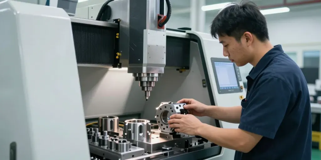 CNC machining parts being precision-crafted in an industrial workshop