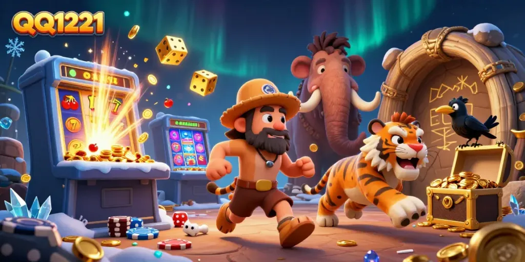 Experience the thrilling QQ1221 casino with cartoon characters amid jackpot symbols and dazzling effects.