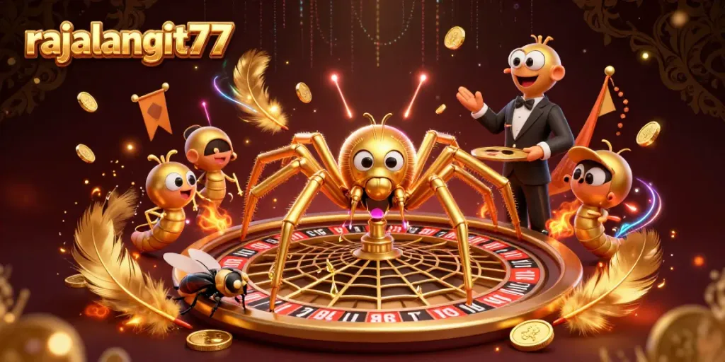 Ilustrasi 3D rajalangit77 dengan laba-laba emas dan web roda roulette menarik perhatian