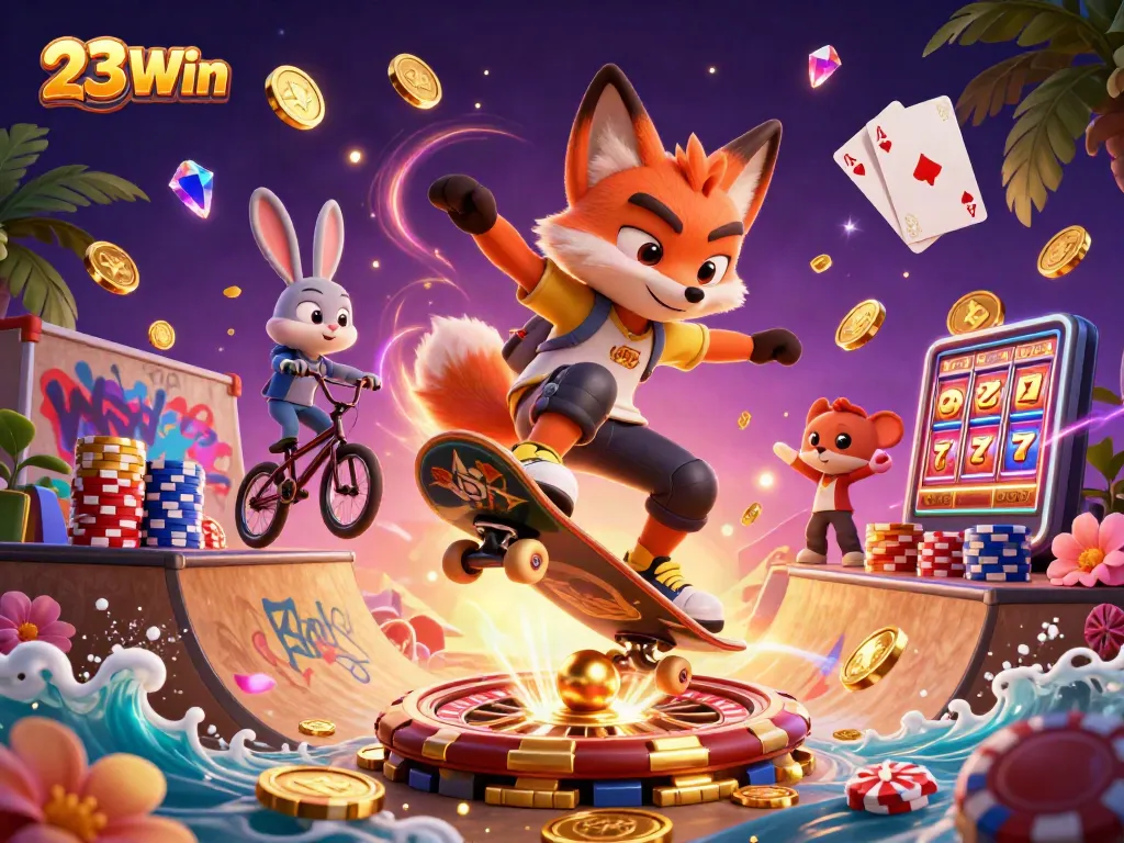 Experience thrilling gaming action with 23Win as a fox performs tricks in a vibrant casino scene.