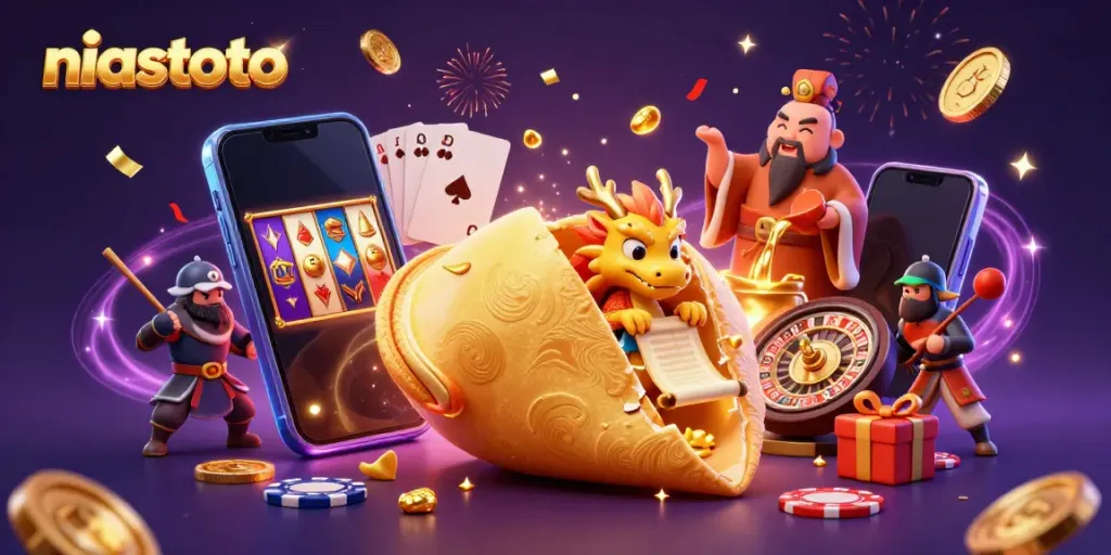 NIASTOTO offers an engaging gaming experience with a fortune cookie scene depicting excitement and fun.