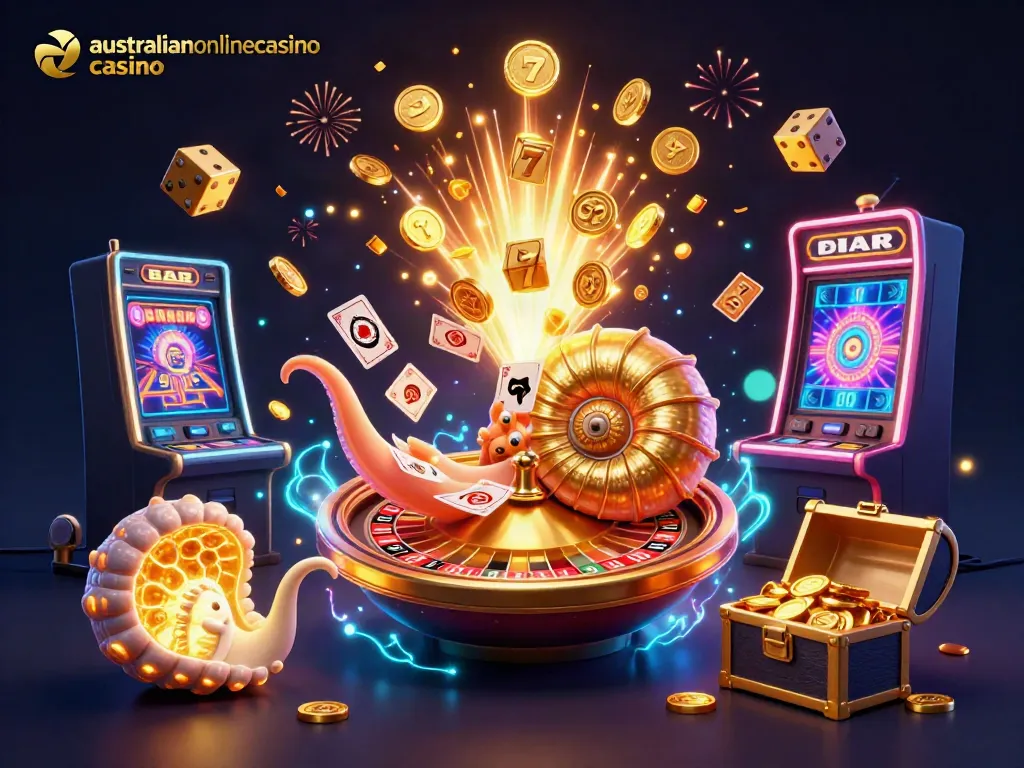 Experience the excitement of australianonlinecasino casino with a lively 3D illustration featuring a giant nautilus, glowing fossils, and jackpot elements.